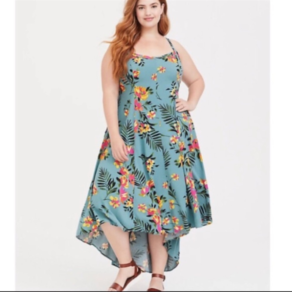 Torrid Sea Green Challis Floral Hi-Low Maxi Dress 00